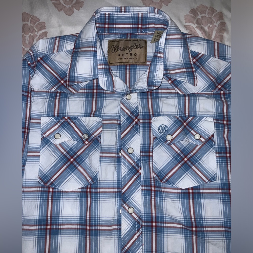 Wrangler Retro Blue White Plaid Snap-Front Western Shirt